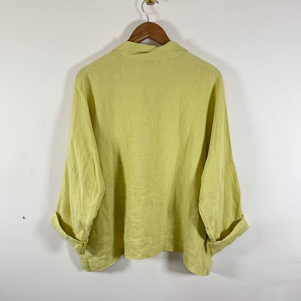 Planet By Lauren G Linen Chartreuse Green Signature Shirt Lagenlook USA Made OS - Picture 6 of 8